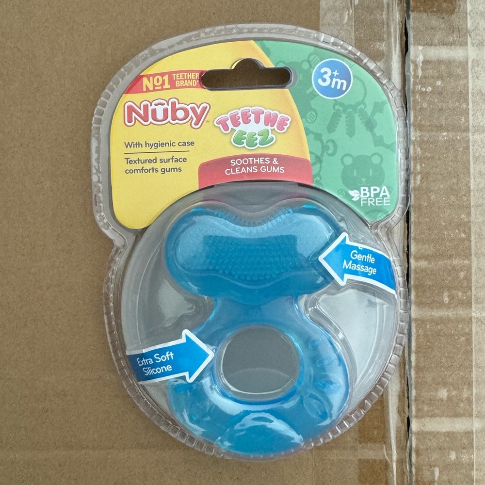 3 Nuby Silicone Teethe-EEZ Teether with Bristles, Includes Hygienic Case, Blue